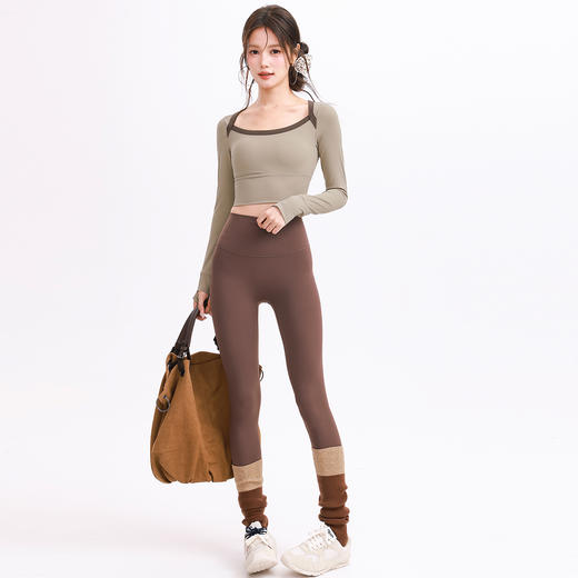 跃牌【禅语梵心】裸感撞色微笑领瑜伽服长袖半固定杯跑步修身运动文胸健身服上衣CX5697 商品图3