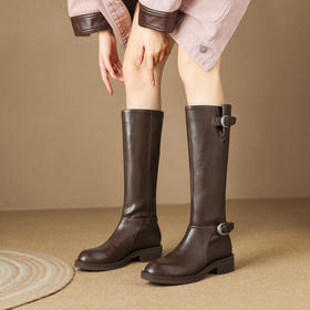 【预售7天】复古圆头粗跟皮带扣秋冬双色油蜡胎牛皮长筒靴百搭时尚显瘦时装靴LD&7520