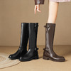 【预售7天】复古圆头粗跟皮带扣秋冬双色油蜡胎牛皮长筒靴百搭时尚显瘦时装靴LD&7520 商品缩略图3