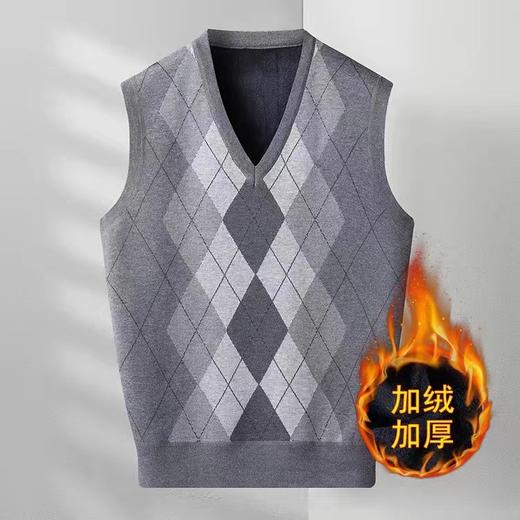 新款新品秋冬季男士加绒加厚V领菱格马甲  休闲提花毛衣套头背心中年男士爸爸装毛衣 商品图2