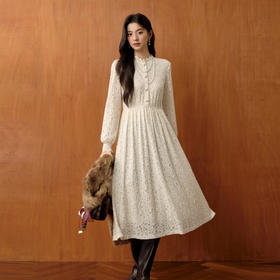 【严选】诗凡黎木耳领磨毛蕾丝连衣裙2025冬新款松紧腰淑女气质保暖打底裙7GA390811