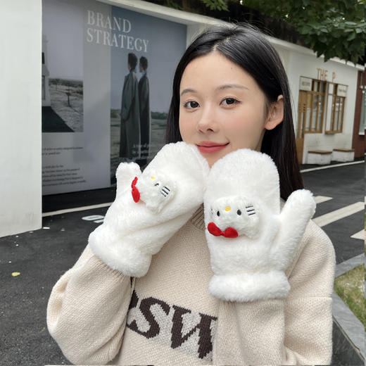 可爱毛绒手套 女款加绒学生骑车冬天挂脖企鹅防寒保暖连指全包手套 商品图10