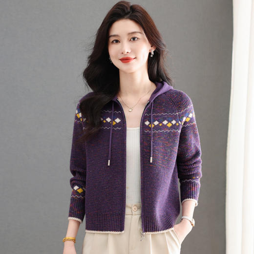 YD87972025秋冬新款连帽领长袖针织衫宽松休闲上衣外套毛衣开衫女 商品图0