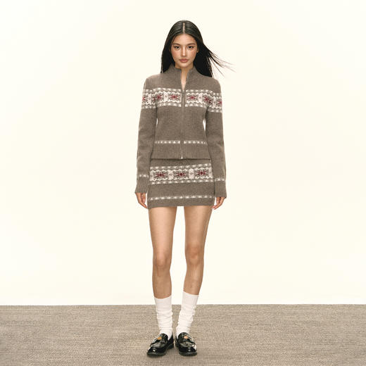 Ariseism 美式复古立领开衫针织短裙套装女秋季新款两件套 商品图3