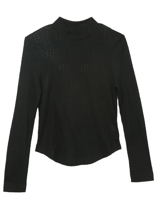 复古风半高领米白色格纹肌理长袖针织衫 修身显瘦不规则下摆内搭打底上衣 商品图1