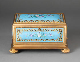 独角鹿西洋古董19世纪末法国出品铜鎏金精雕装饰天蓝地牵牛花主题布雷松珐琅彩绘描金珍宝盒