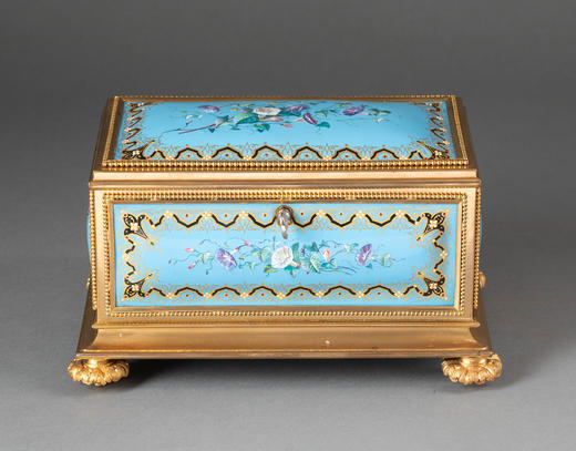 独角鹿西洋古董19世纪末法国出品铜鎏金精雕装饰天蓝地牵牛花主题布雷松珐琅彩绘描金珍宝盒 商品图0