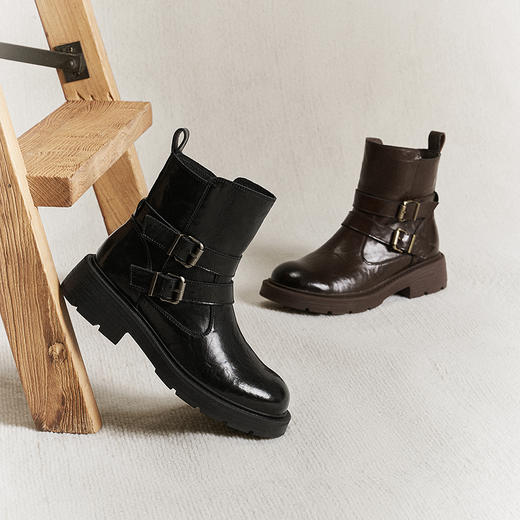 千百度厚底西部牛仔靴女加绒保暖增高时装靴超火短靴A25525012 商品图1