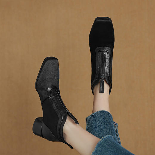 【预售5天】新款马毛拼接裸靴女方头前拉链短靴优雅气质中粗跟舒适时装靴HP&A2615-6 商品图1