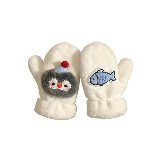 可爱毛绒手套 女款加绒学生骑车冬天挂脖企鹅防寒保暖连指全包手套 商品图4