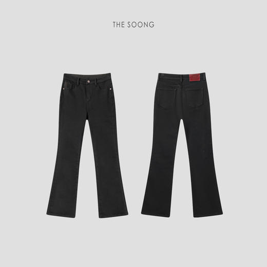 THESOONG|'年度黑牛'加厚加绒正腰高弹拉链微喇黑色牛仔裤女HBNZ7929 商品图0