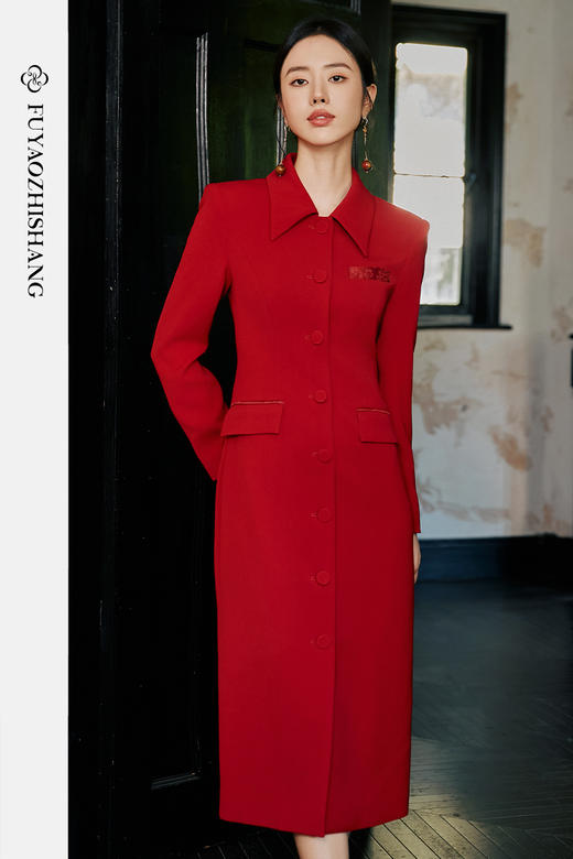 FUYAO扶摇 醋酸西装连衣裙女中国风年会妈妈婚宴礼服大红色裙子 商品图5