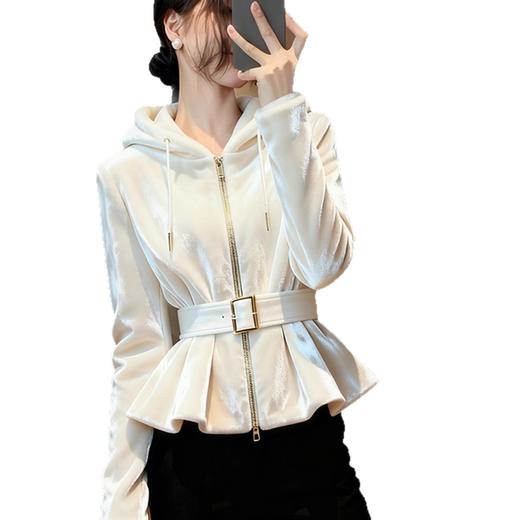 XMZ1521白色连帽丝绒外套女2025新款秋冬独特漂亮巨好看气质高端收腰上衣 商品图4