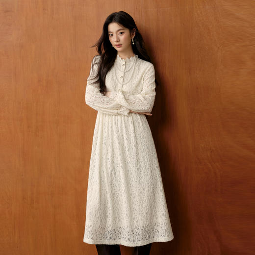 【严选】诗凡黎木耳领磨毛蕾丝连衣裙2025冬新款松紧腰淑女气质保暖打底裙7GA390811 商品图4