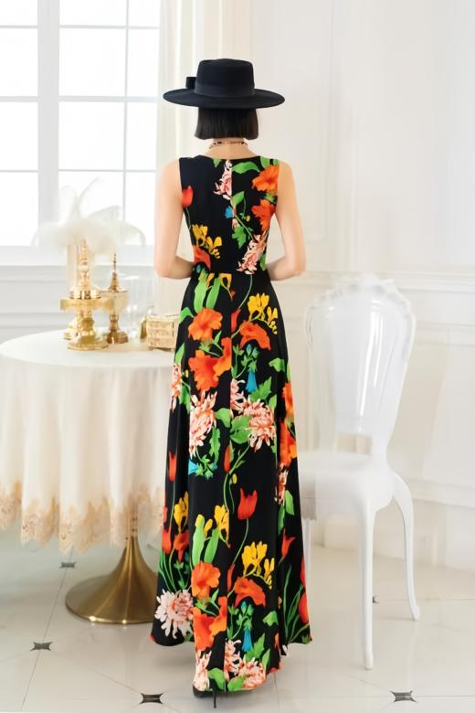 SZ3S82_朱柿色_连衣裙_春夏_圆领无袖收腰A字大摆长款彩色花卉_高级女装_BERNIEELEN 伯妮斯茵 商品图4