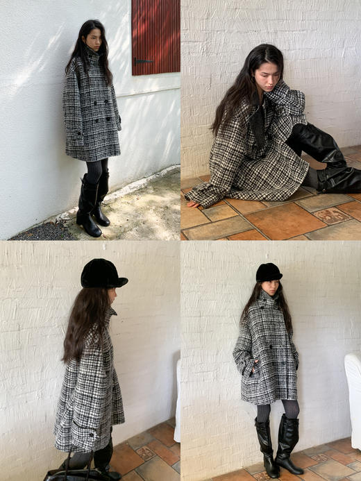 素舶 绵羊毛格纹立领大翻领两穿双排扣中长款双面呢大衣 商品图3