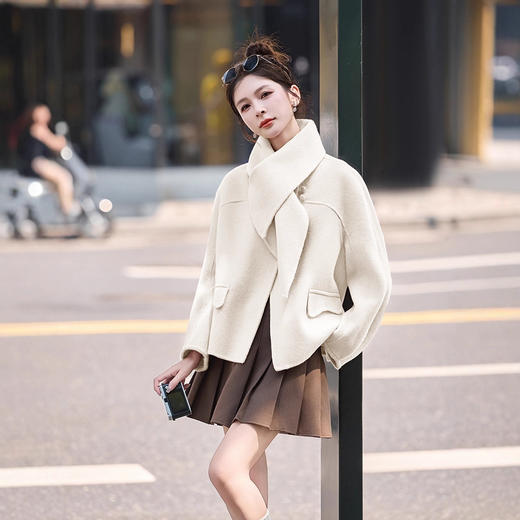 温柔风粉色双面呢短外套，小个子可拆卸围巾羊毛大衣HR-QIXFS25-5131 商品图2