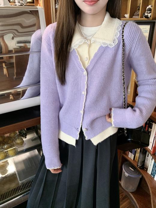 【189元任选2件】现货！紫色拼接杏色翻领毛衣开衫 商品图5