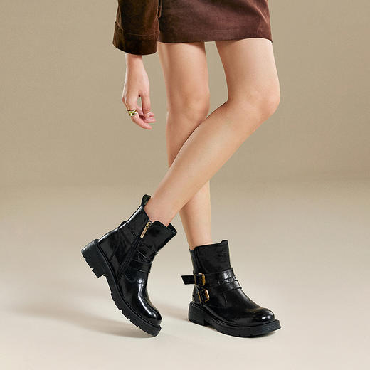 千百度厚底西部牛仔靴女加绒保暖增高时装靴超火短靴A25525012 商品图4