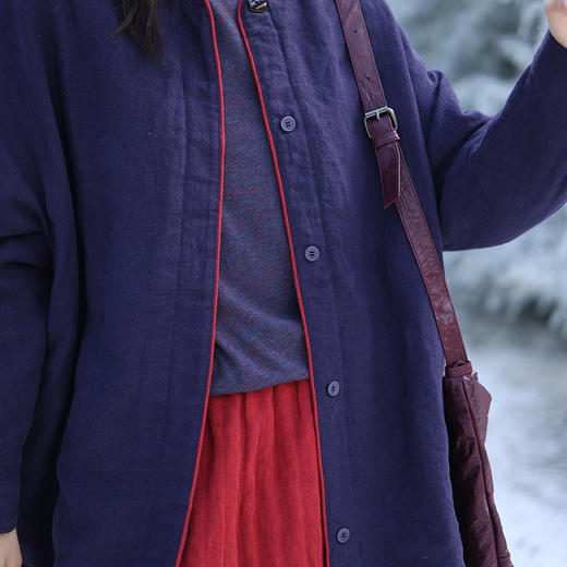 绽放727朵/加厚亚麻绗棉落肩长袖开襟中长款棉服冬新中式棉衣外套 商品图3