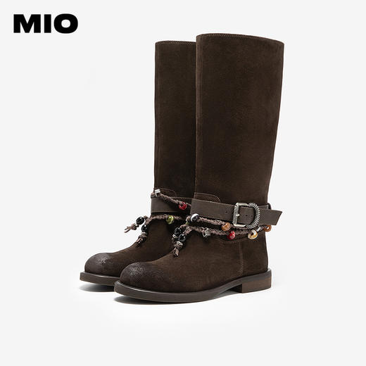 MIO米奥西部靴冬季新款圆头长筒波嬉风挂饰搭扣弹力靴女靴子M255862935 商品图2