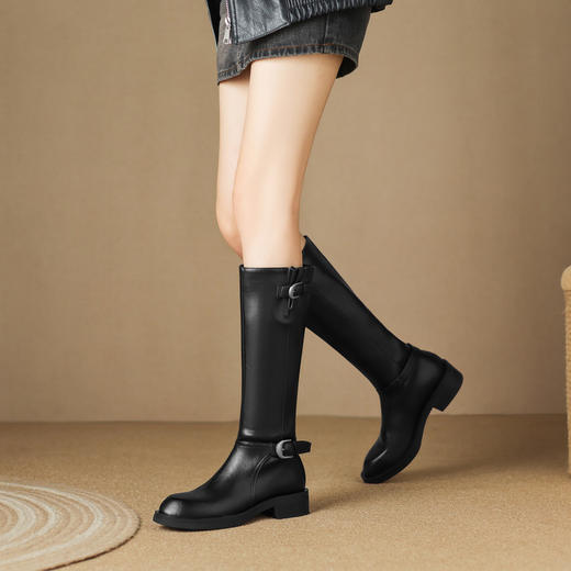 【预售7天】复古圆头粗跟皮带扣秋冬双色油蜡胎牛皮长筒靴百搭时尚显瘦时装靴LD&7520 商品图4