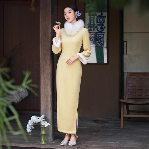 XLY25162复古黄色加绒秋冬国风中式旗袍长袖女2025高端连衣裙年轻新款收腰 商品图2