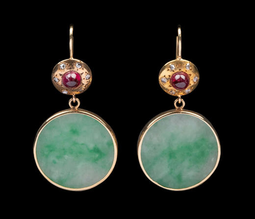 独角鹿西洋古董1900年代欧洲出品14K黄金镶嵌钻石红宝石及圆形飘花翡翠耳环一对 商品图0