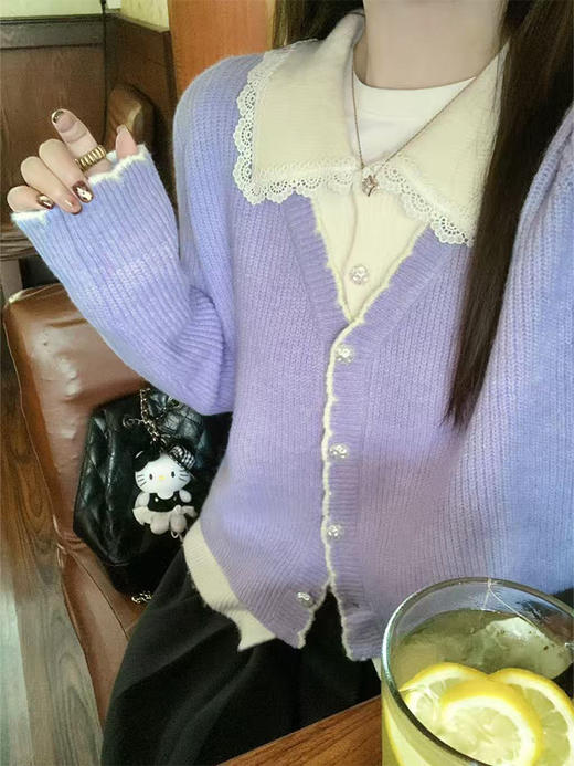 【189元任选2件】现货！紫色拼接杏色翻领毛衣开衫 商品图13