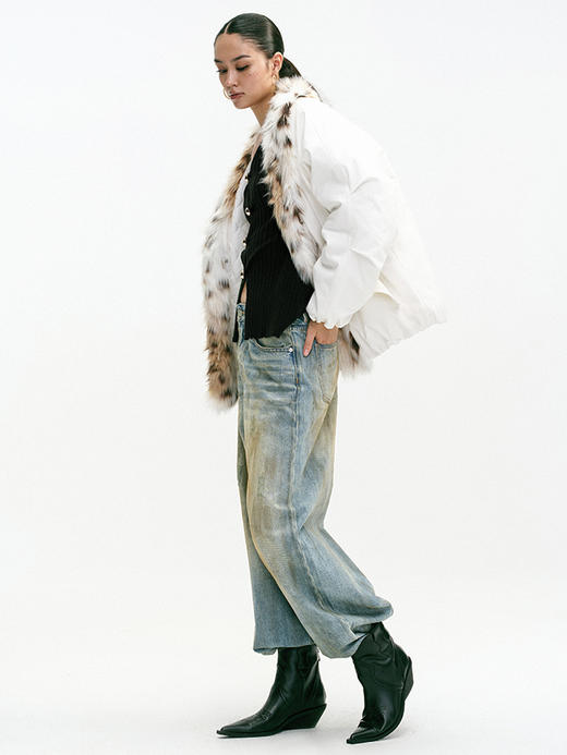 TR她热 豹力美学 白色拼皮草复古保暖毛领廓形外套派克棉服 商品图3