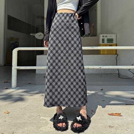 百蓝茵古菱格毛呢半身裙女秋冬韩版高腰后开叉直筒中长款一步裙★ 商品图8