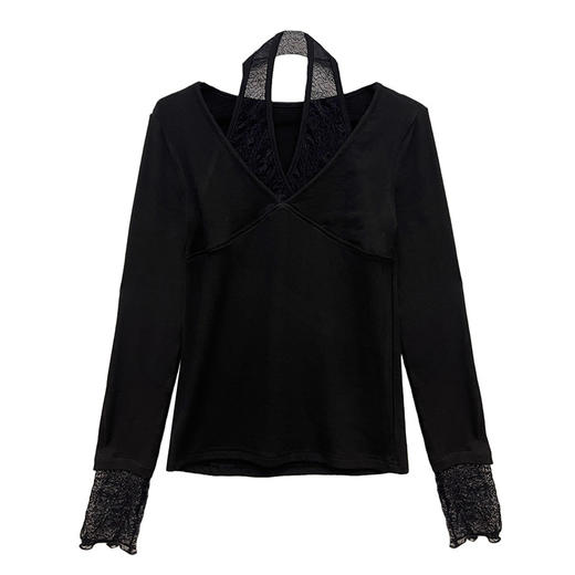 KQL 359H8359加厚磨毛蕾丝拼接V领气质上衣洋气t恤修身打底衫 商品图4