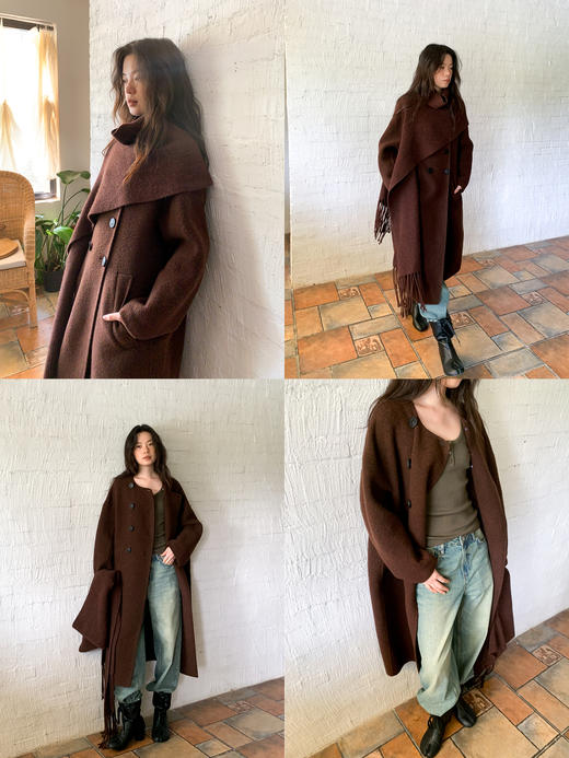 素舶 绵羊毛圆领茧型流苏针织围巾长款双面呢大衣 商品图4