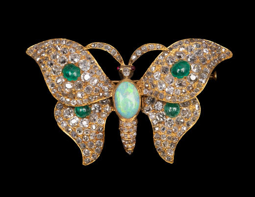 独角鹿西洋古董1880年代欧洲出品蝴蝶造型18K黄金镶嵌欧泊石祖母绿红宝石及钻石胸针 商品图1