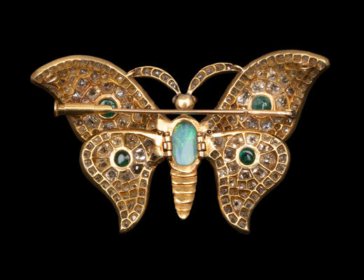独角鹿西洋古董1880年代欧洲出品蝴蝶造型18K黄金镶嵌欧泊石祖母绿红宝石及钻石胸针 商品图6