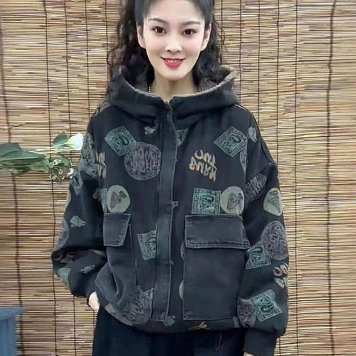 A-1109-YZL-25-67中老年冬女装新款印花两面穿加绒加厚休闲百搭洋气减龄连帽棉服女 商品图0