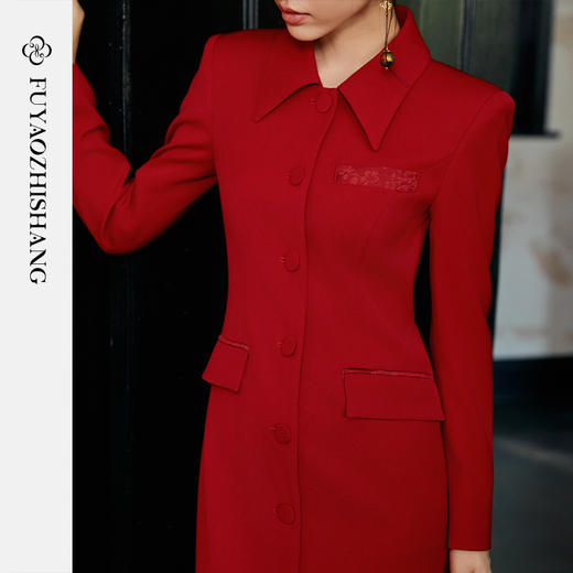 FUYAO扶摇 醋酸西装连衣裙女中国风年会妈妈婚宴礼服大红色裙子 商品图2