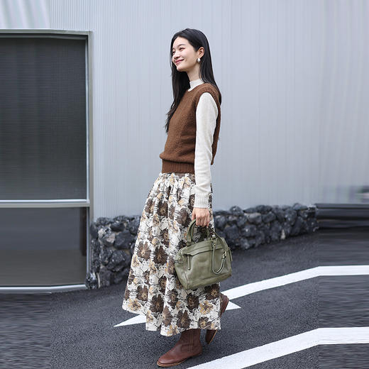 绽放731朵/全棉提花设计感半腰松紧捏褶半身中长裙女秋冬百搭裙子 商品图2