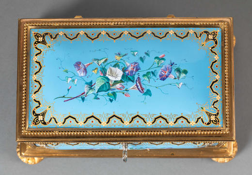 独角鹿西洋古董19世纪末法国出品铜鎏金精雕装饰天蓝地牵牛花主题布雷松珐琅彩绘描金珍宝盒 商品图6