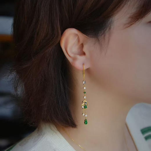 龢盒原创 清风过竹，葫芦承福 银镶辣绿翡翠葫芦流苏耳环 商品图2