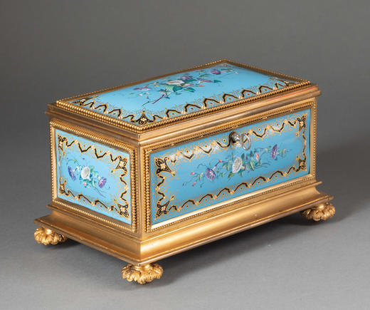 独角鹿西洋古董19世纪末法国出品铜鎏金精雕装饰天蓝地牵牛花主题布雷松珐琅彩绘描金珍宝盒 商品图2