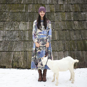 绽放764朵/新款文艺9*9雨露麻复古印花圆领秋冬百搭长袖连衣裙女