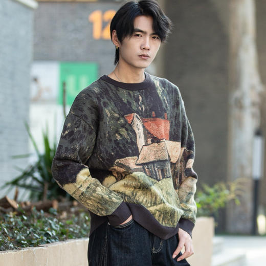 DRONKOO 2025 圆领满幅房屋田园风提花微阔厚毛衣 商品图1