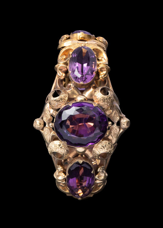 独角鹿西洋古董1850-1870年代欧洲出品古典卷叶花卉纹14K黄金精雕镶嵌紫水晶手镯 商品图1