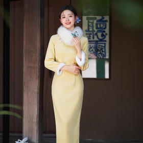XLY25162复古黄色加绒秋冬国风中式旗袍长袖女2025高端连衣裙年轻新款收腰