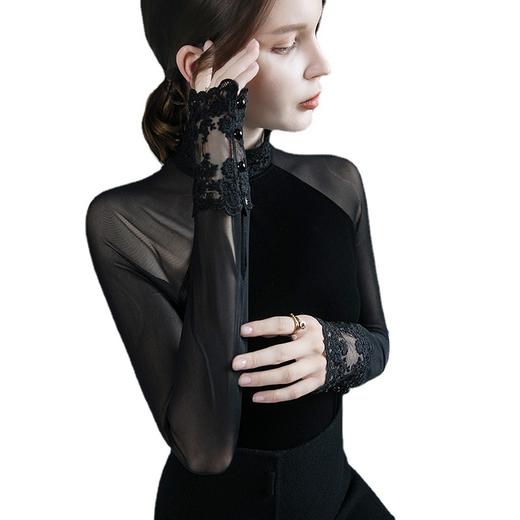洋气欧货网纱微透拼接黑色上衣，丝绒秋冬新款内搭打底衫XD-F20223986 商品图4
