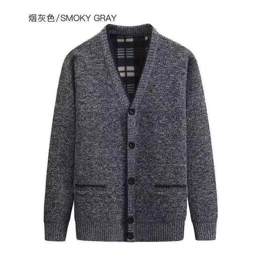 新款新品  冬季中年男加绒毛衣开衫 加厚V领中老年爸爸装针织外套中年男士毛衣外套 商品图3