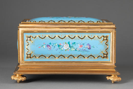 独角鹿西洋古董19世纪末法国出品铜鎏金精雕装饰天蓝地牵牛花主题布雷松珐琅彩绘描金珍宝盒 商品图5