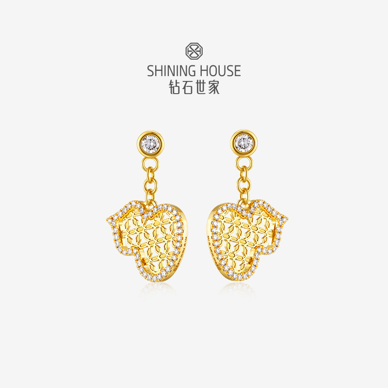 钻石世家[艺术黄金] 玲珑宝葫系列  足金葫芦镶钻耳饰 【黄金产品不支持无理由退换货】预计3-5天发货