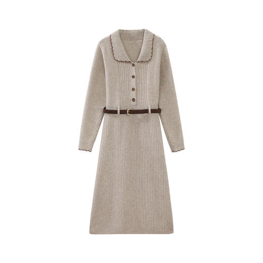 鹿向南 [松茶可可」法式气质打底长裙秋冬长袖燕麦色针织连衣裙女 商品图1